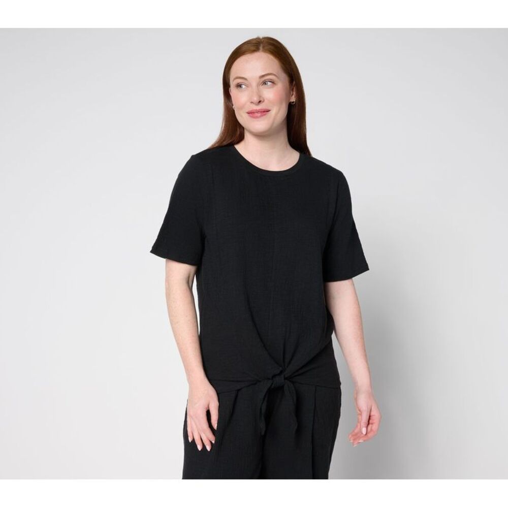 Anybody Women's Top Plus Sz 3X Crinkle Knit Jersey Tie Front Tee Black A697152